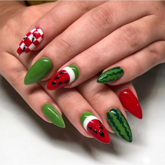 32 Cute Watermelon Nail Design Ideas : Red Check + Watermelon Nails