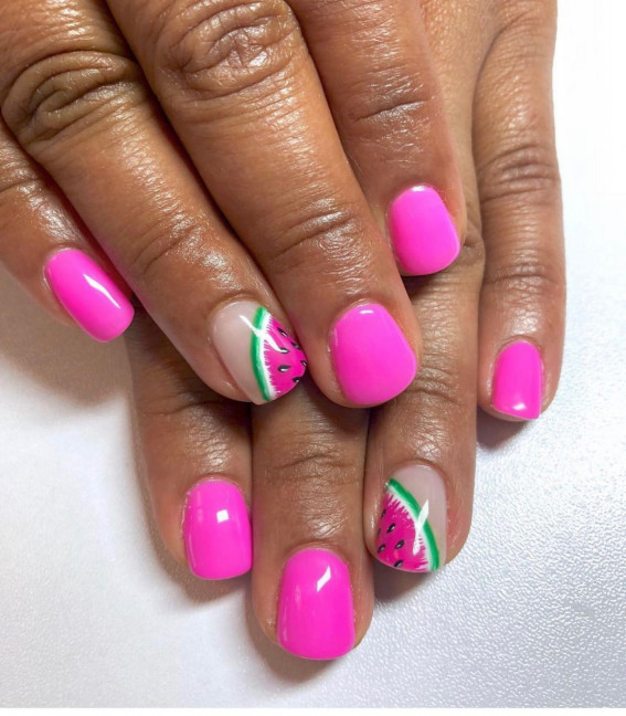 32 Cute Watermelon Nail Design Ideas : Watermelon Bright Pink Nails