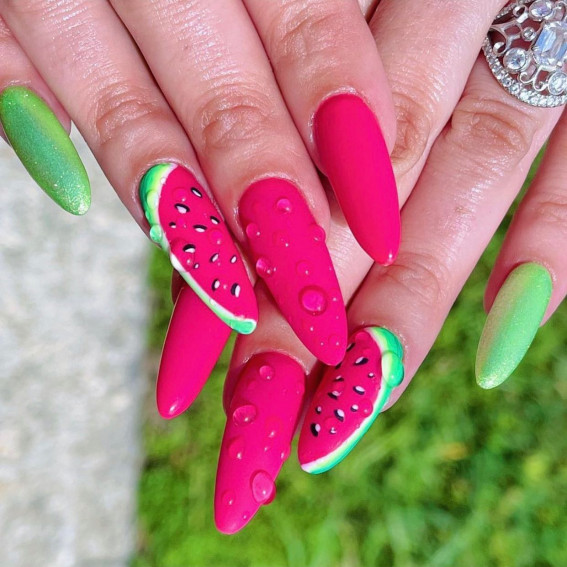 32 Cute Watermelon Nail Design Ideas : Bold Watermelon Almond Nails