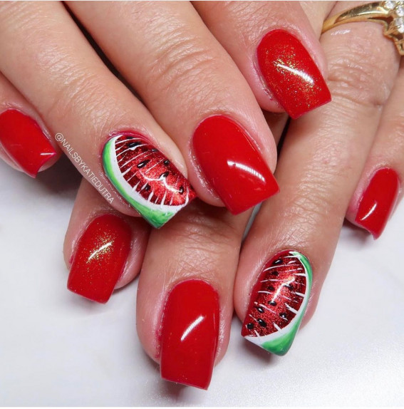 32 Cute Watermelon Nail Design Ideas : Shimmery Red Watermelon Nails