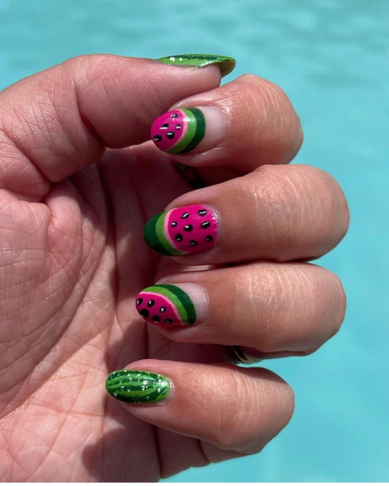 32 Cute Watermelon Nail Design Ideas : Dark Pink and Dark Green Watermelon Nails
