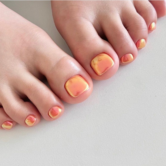 43 Cute Toe Nail Designs : Orange Chrome Toe Nails
