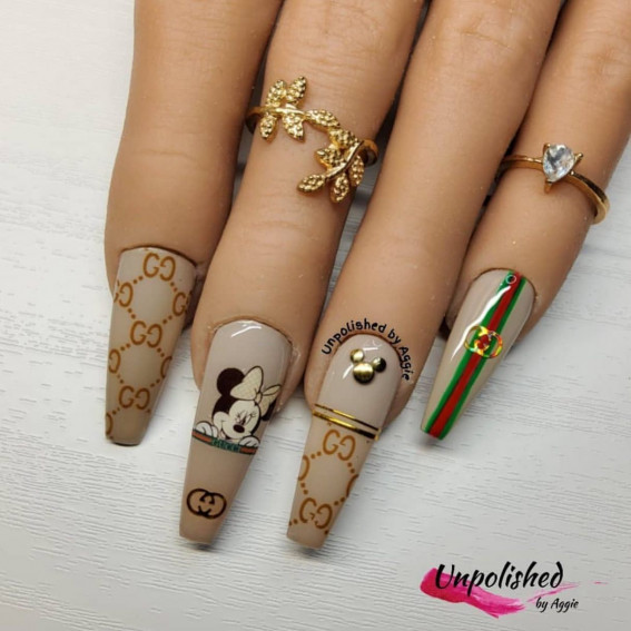 42 Mickey Mouse & Minnie Mouse Nails : Brown Gucci & Minnie Nails