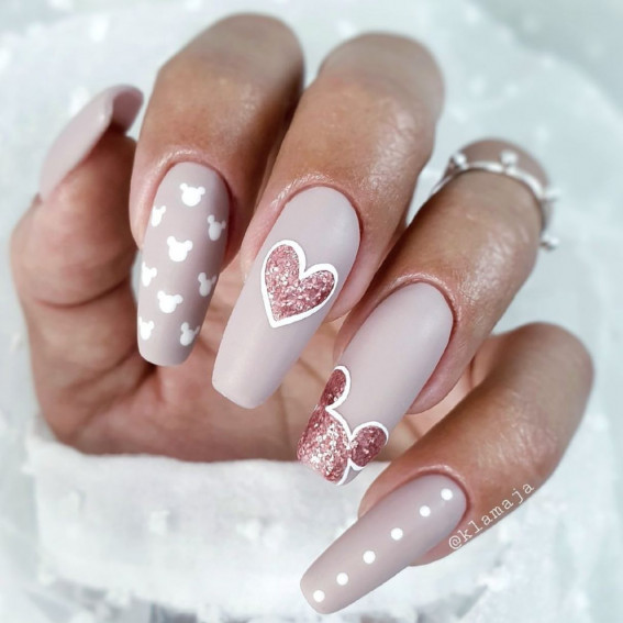 42 Mickey Mouse & Minnie Mouse Nails : Nude Ballerina & Rose Gold Heart Nails