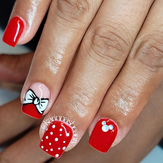 42 Mickey Mouse & Minnie Mouse Nails : Polka Dot Red Short Nails