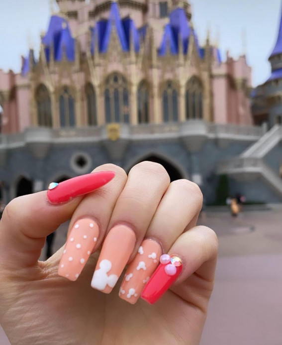 42 Mickey Mouse & Minnie Mouse Nails : Peach and Pink Coffin Nails