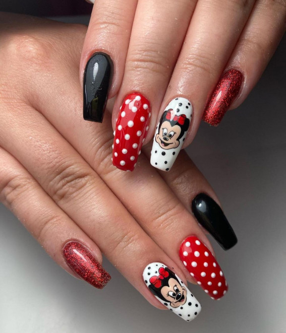 42 Mickey Mouse & Minnie Mouse Nails : Black and Red Polka Dot Acrylic Nails
