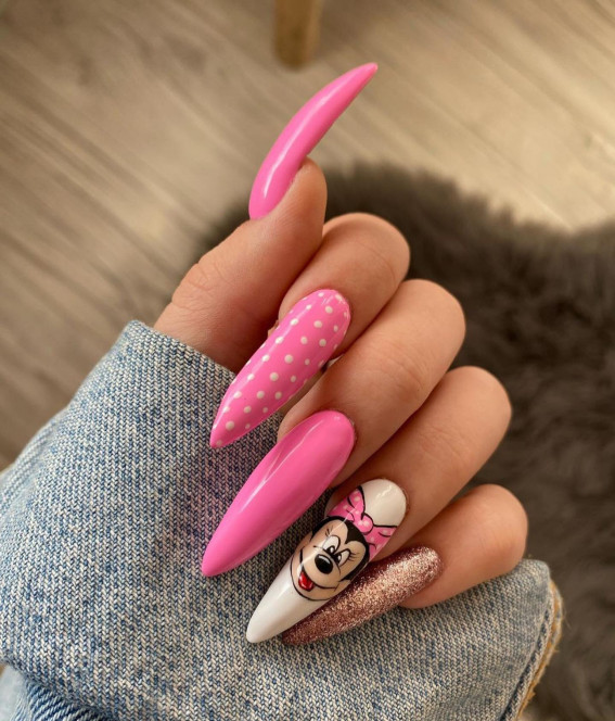 42 Mickey Mouse & Minnie Mouse Nails : Barbie Pink Almond Nails