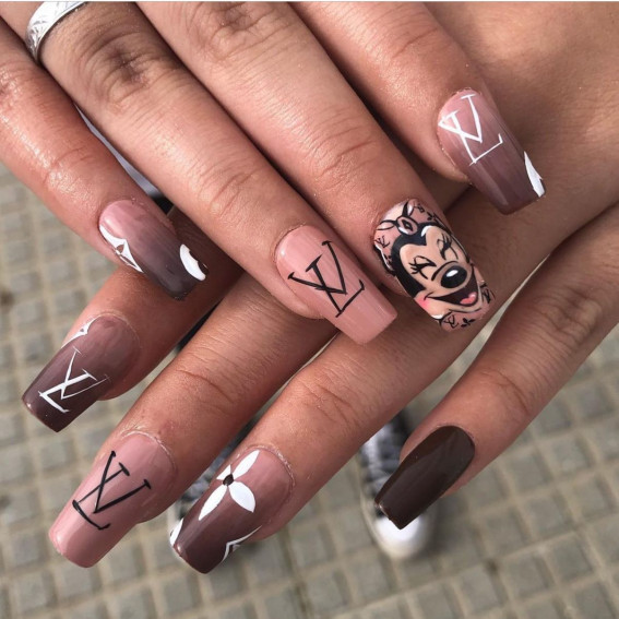 42 Mickey Mouse & Minnie Mouse Nails : Ombre Brown LV + Minnie Nails