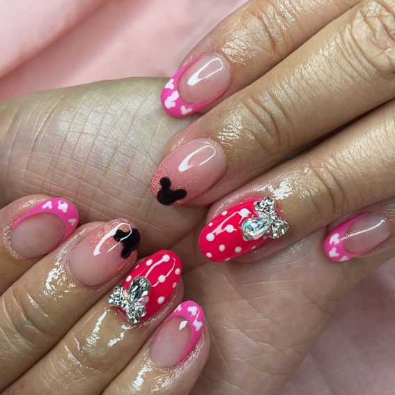 42 Mickey Mouse & Minnie Mouse Nails : Pink and Red Polka Dot French Tip Nails