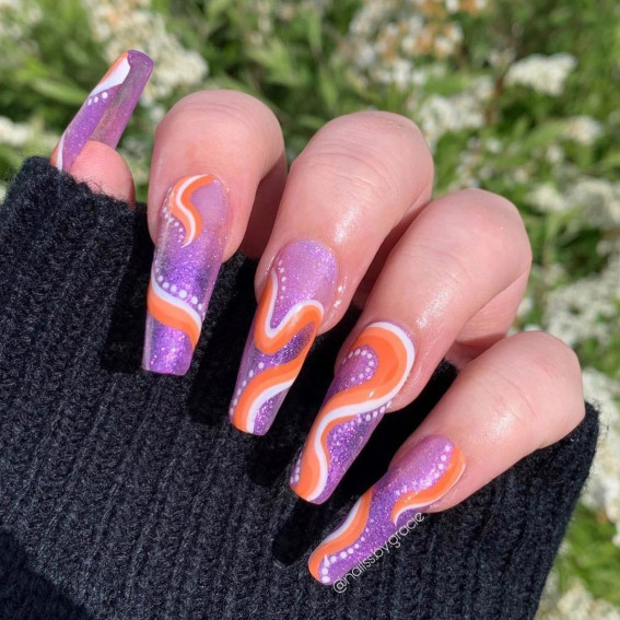 42 Psychedelic Nail Art Designs : Shimmery Purple and Swirly Orange Nails