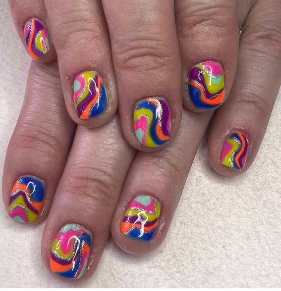 42 Psychedelic Nail Art Designs : Groovy Colorful & Glitter Swril Short Nails