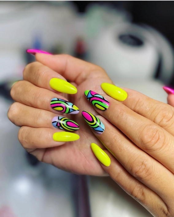 42 Psychedelic Nail Art Designs : Bright Yellow & Colorful Psychedelia Nails