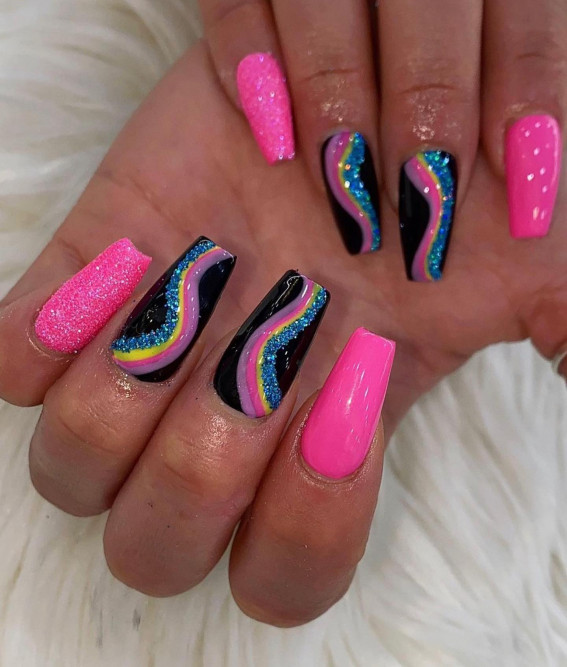 Nail Art - Tri color: pink glitter, black, pink white flow… | Flickr