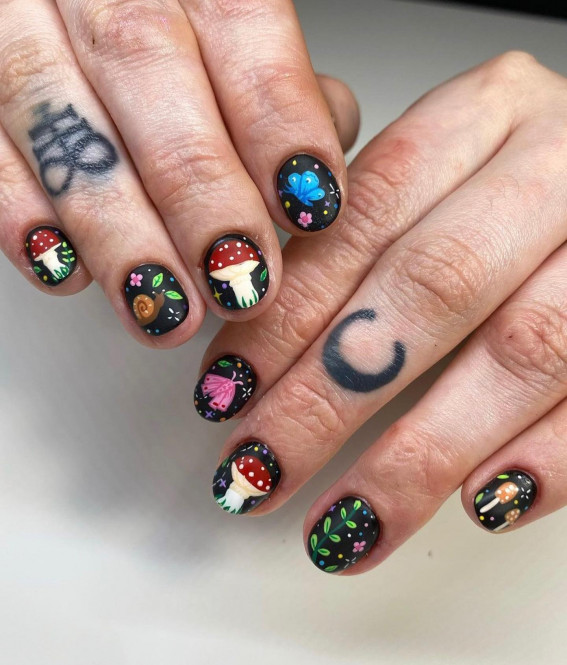 32 Mushroom Nail Art Designs : Black Nails with Butterfly, Mushroom and Snail