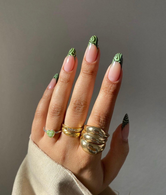 42 Psychedelic Nail Art Designs : Green Swirl French Tip Nails