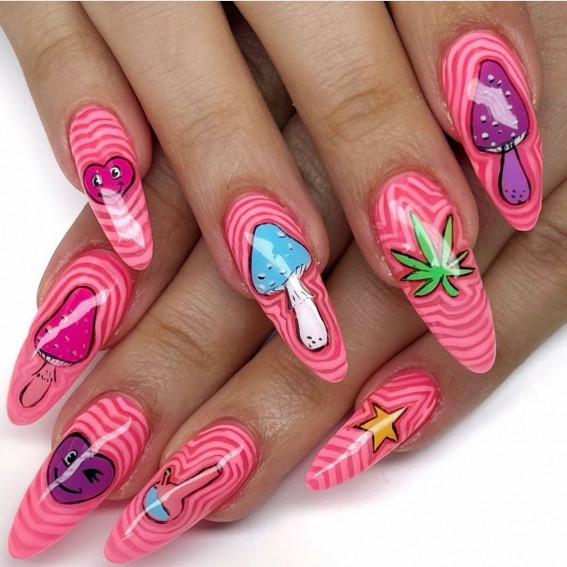 32 Mushroom Nail Art Designs : Psychedelic Mushroom Pink Almond Nails