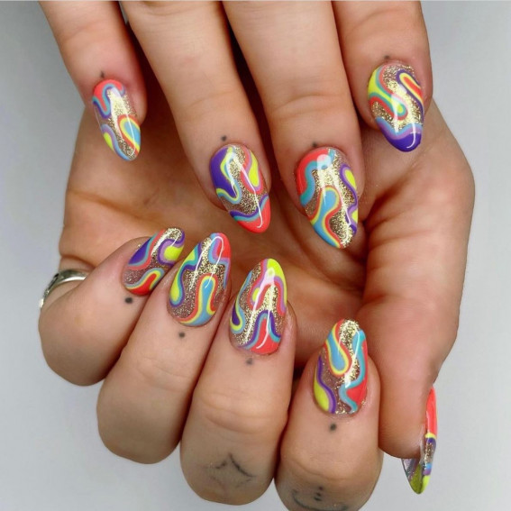 42 Psychedelic Nail Art Designs : Colorful + Gold Glitter Swirl Nails