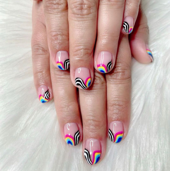 42 Psychedelic Nail Art Designs : Black and Rainbow Psychedelic Tip Nails
