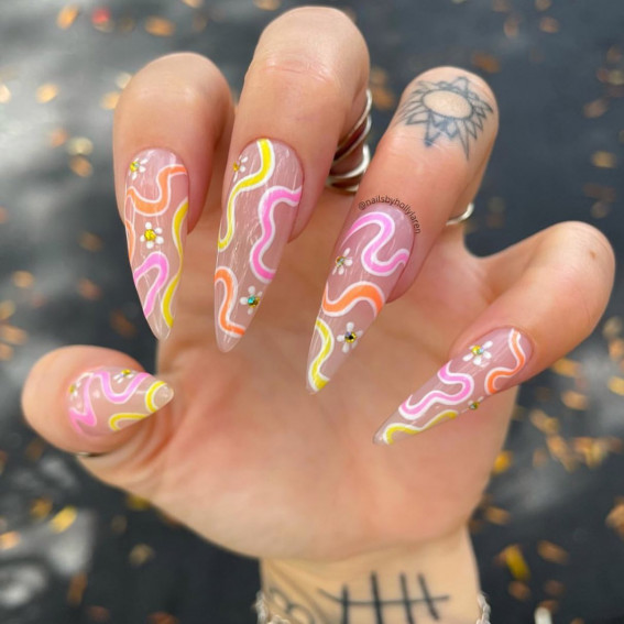 42 Psychedelic Nail Art Designs : Hippie Flower + Swirl Sheer Stiletto Nails