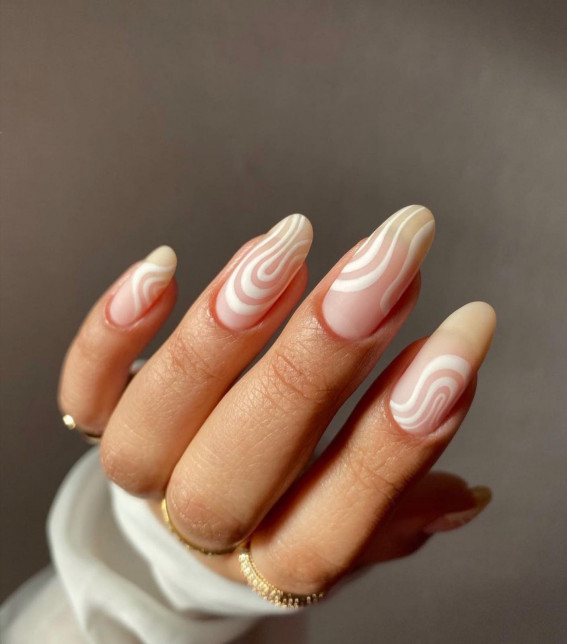 42 Psychedelic Nail Art Designs : White Swirl Nude Matte Nails