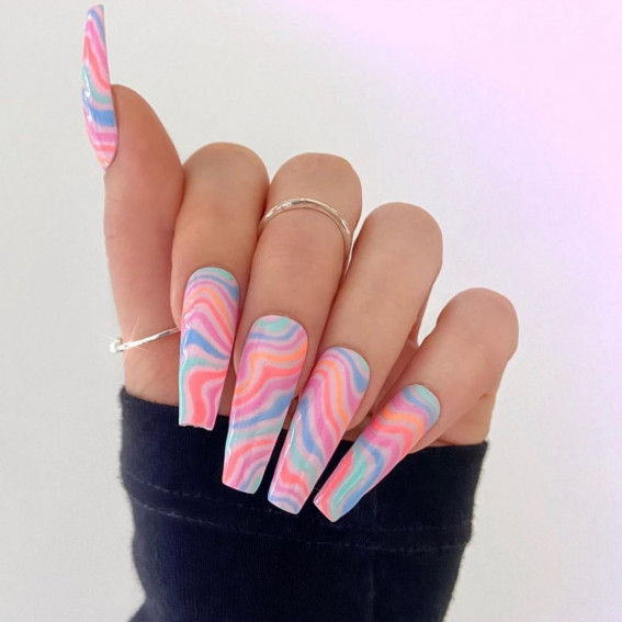 42 Psychedelic Nail Art Designs : Pastel Groovy Long Acrylic Nails