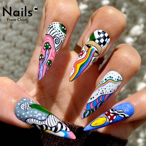 psychedelic nails, groovy nails, psychedelic nail art, mushroom nails, 70s nail art design, funky nails, 1960s nail trends, hippie nails, swirl nails, 70s-inspired nails, summer nails, colorful nail art designs, summer nail trends, summer nails 2022, drippy nails, hippie nails 2022, swirl nail designs, 1960 nail trends, trippy nails