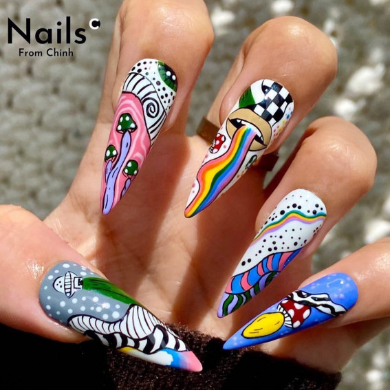 42 Psychedelic Nail Art Designs : Groovy Mushroom Stiletto Nails