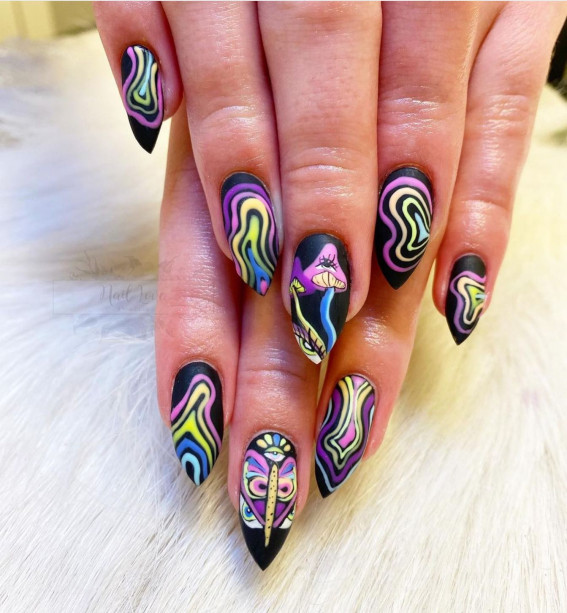 42 Psychedelic Nail Art Designs : Hippie Psychedelic Mushroom Black Base Nails