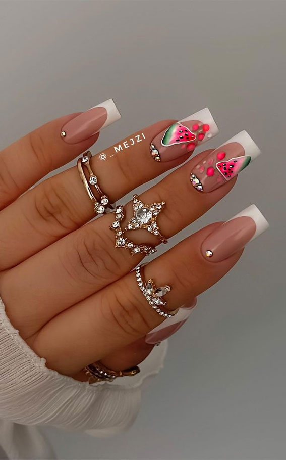40 Stylish French Tip Nails for Any Nail Shape : White French Tip Nails with Watermelon