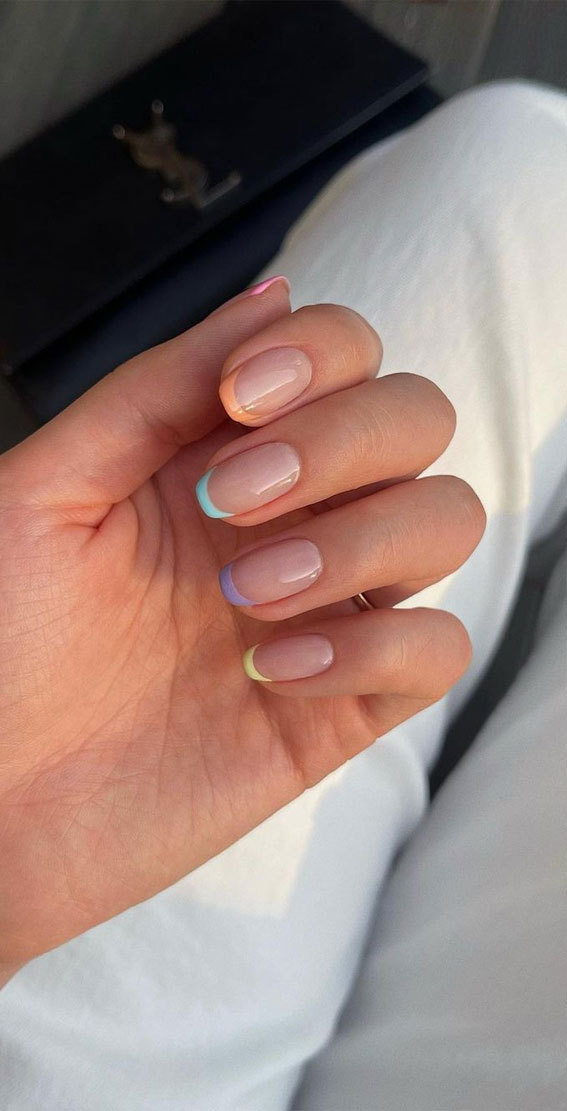 40 Stylish French Tip Nails for Any Nail Shape : Different Pastel Coloured French Tip Nails