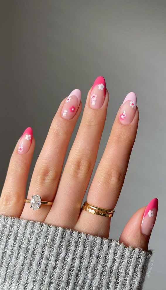 40 Stylish French Tip Nails for Any Nail Shape : Two-Toned Pink French Tips with Flower Details
