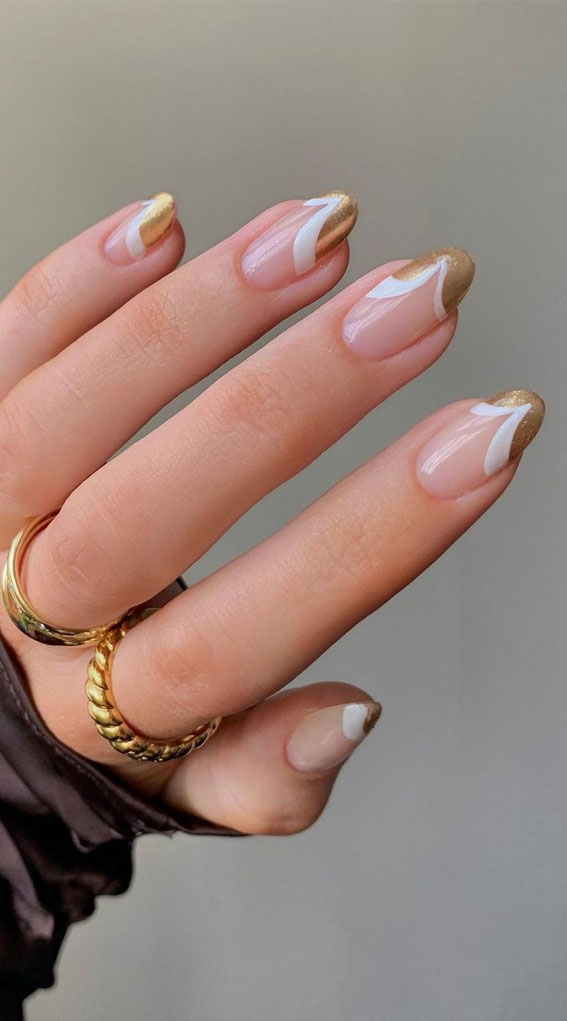 40 Stylish French Tip Nails for Any Nail Shape : Gold and White Abstract Tip Nails