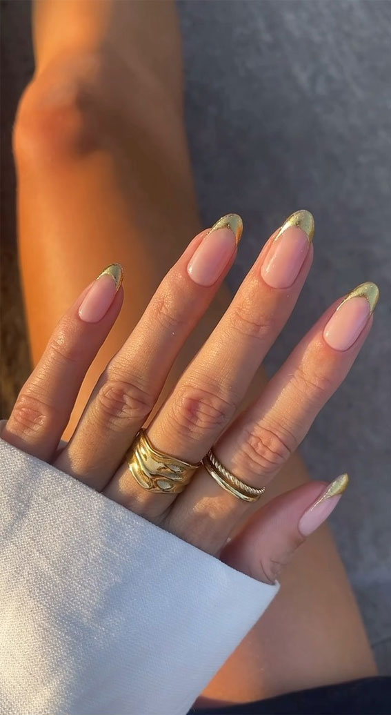 40 Stylish French Tip Nails for Any Nail Shape : Shimmery Gold French Tip Oval Nails