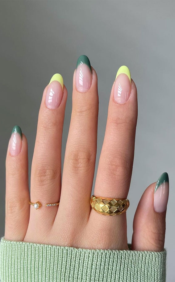 40 Stylish French Tip Nails for Any Nail Shape : Green and Yellow French Tip Nails
