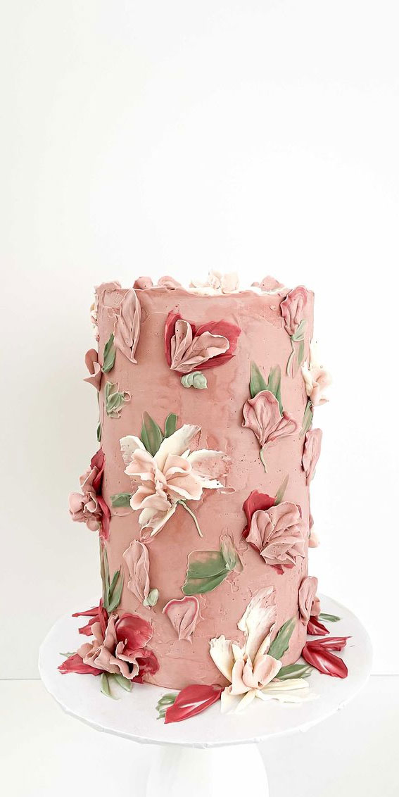 50 Cute Buttercream Cake Ideas for Any Occasion : Abstract 3D florals on a textured mauve canvas