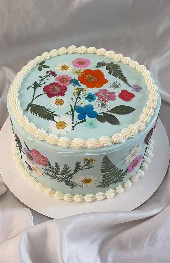 50 Cute Buttercream Cake Ideas for Any Occasion : Blue Buttercream Cake with Colourful Dried Flowers