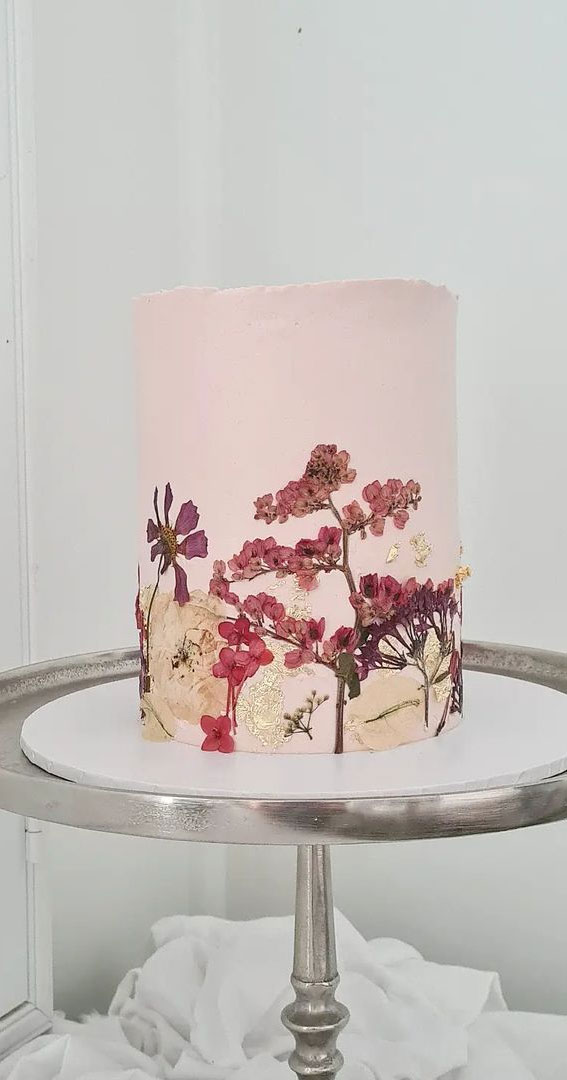 50 Cute Buttercream Cake Ideas for Any Occasion : Pressed Edible Flower Pink Cake