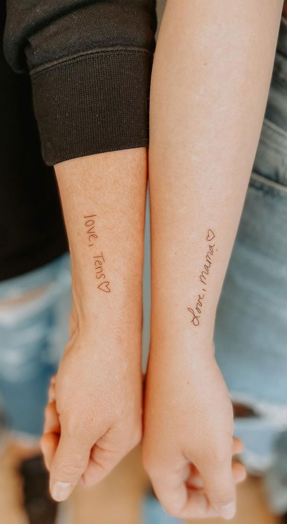 75 Unique Small Tattoo Designs & Ideas : Matching Mother Daughter Handwriting I Take You