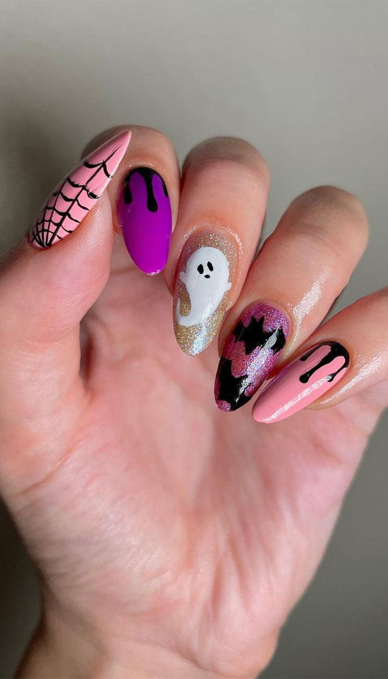 40 Cute Halloween Nail Designs : Glitter Gold, Pink and Purple Nails