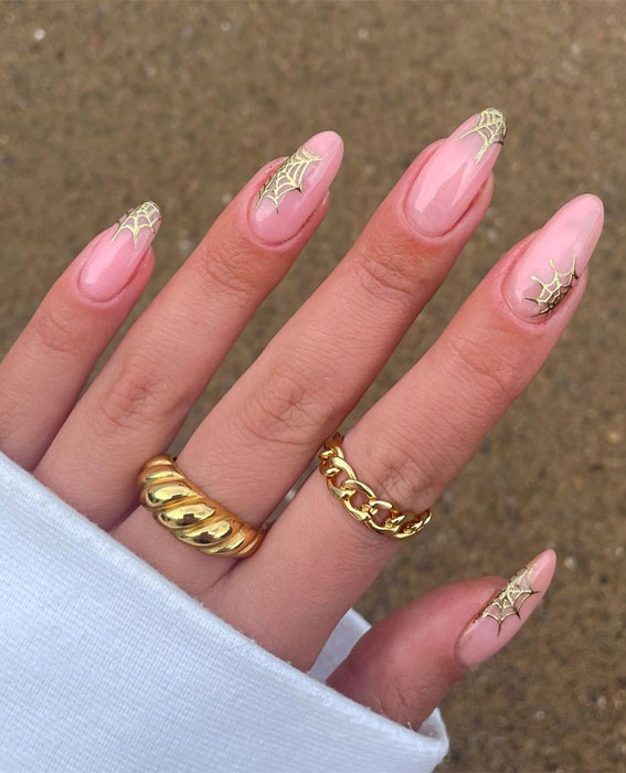 40 Cute Halloween Nail Designs : Gold Spider Web Pink Nails