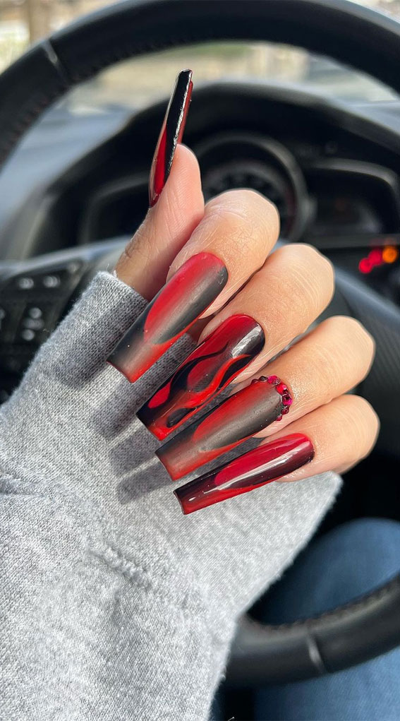 40 Cute Halloween Nail Designs : Black and Red Illusion Acrylic Nails