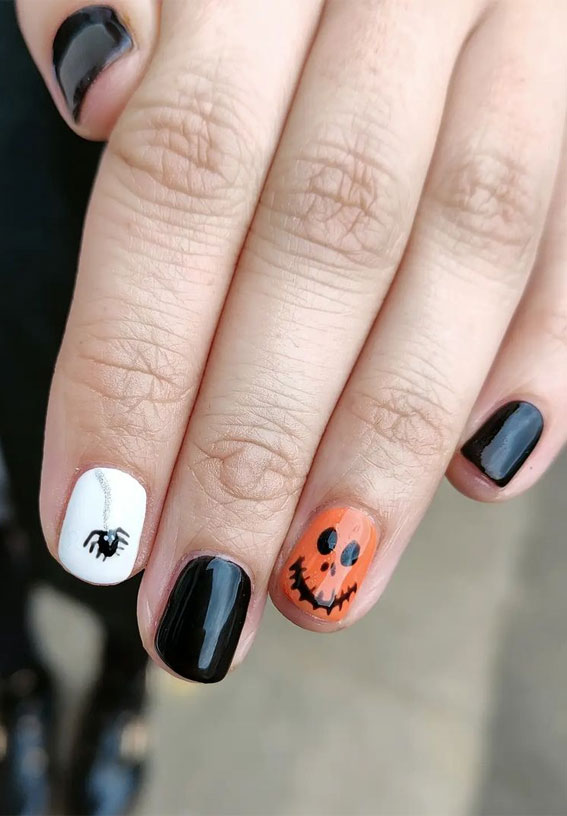 40 Cute Halloween Nail Designs :Pumpkin Face Orange and White Short Nails