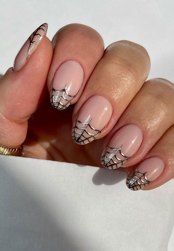 40 Cute Halloween Nail Designs : Gold Spider Web French Tip Nails