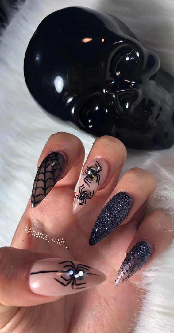 40 Cute Halloween Nail Designs : Shimmery Spider Web Stiletto Nails