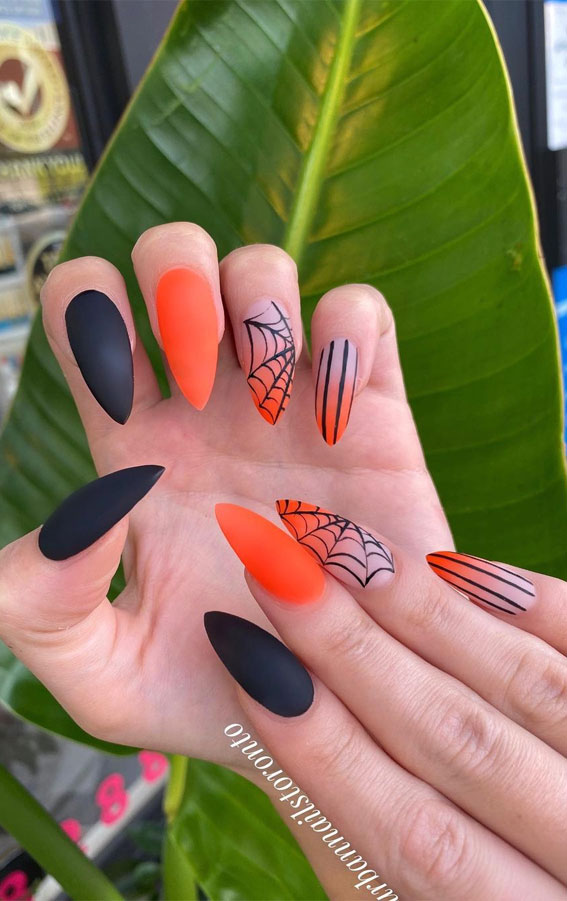 40 Cute Halloween Nail Designs : Black and Orange Spider Web Stiletto Nails