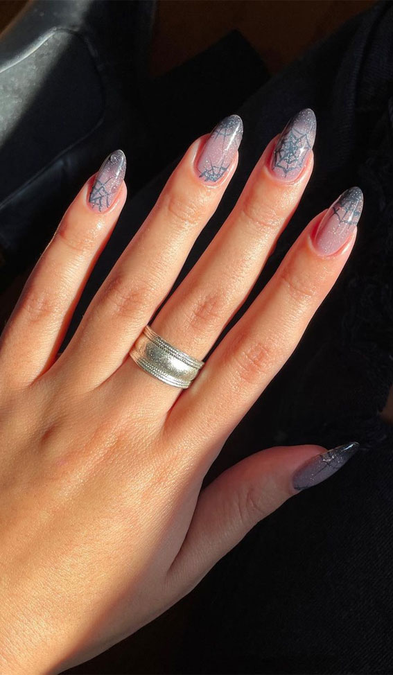 40 Cute Halloween Nail Designs : Ombre Grey Shimmery Spider Web Nails