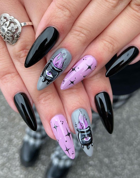 40 Cute Halloween Nail Designs : Black and Lilac Witch Nails
