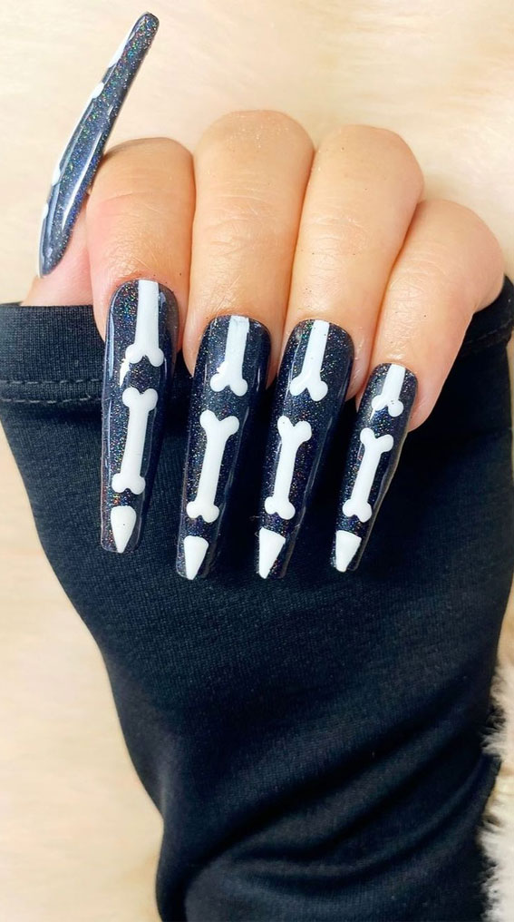 40 Cute Halloween Nail Designs : Skeleton Black Stiletto Nails