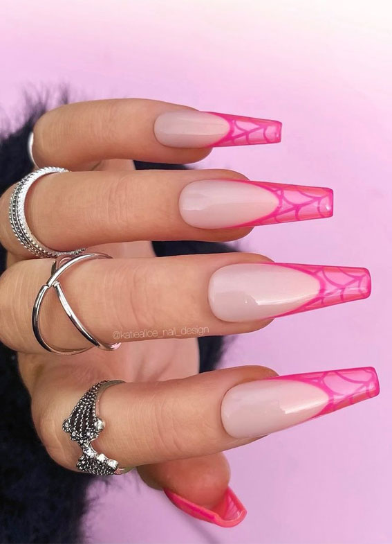 40 Cute Halloween Nail Designs : Translucent Pink Spider Web French Tip Nails